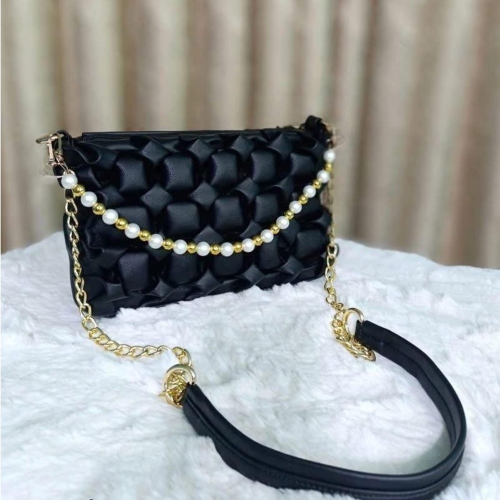 Chic Black Clutch with Gold Chain and Pearl Detail
